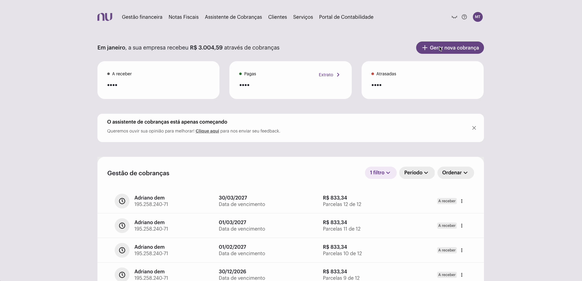 Envio do contrato e preenchimento automático da cobrança