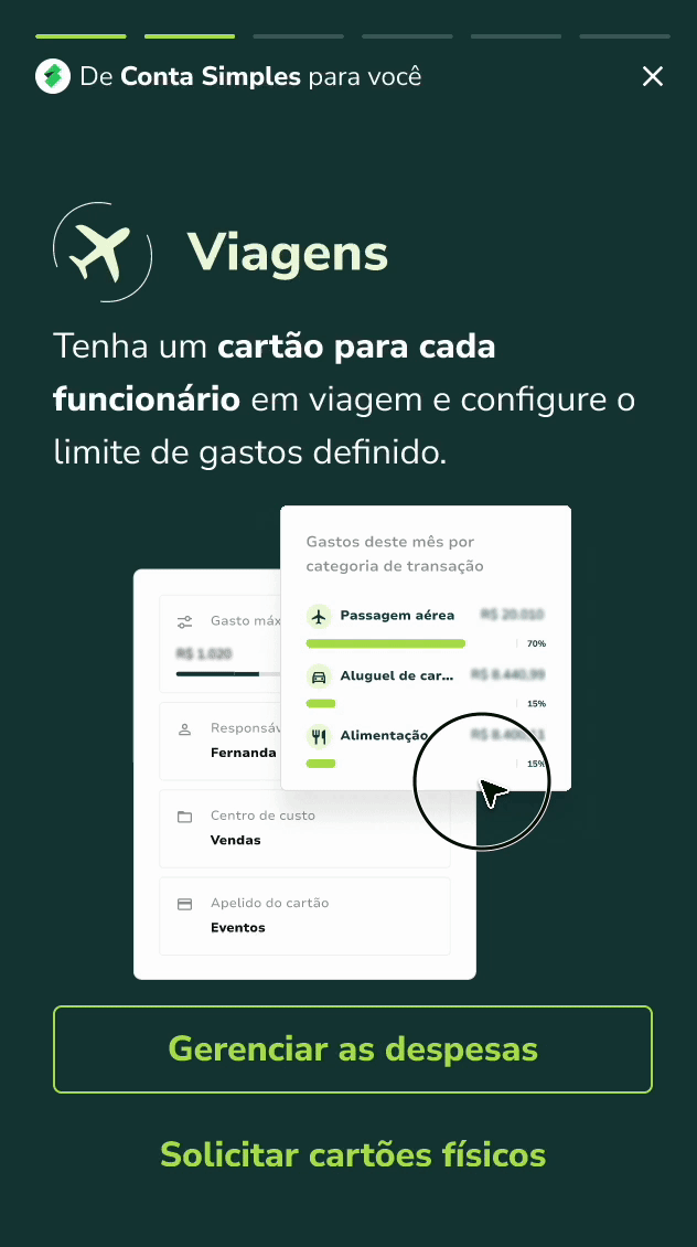 Onboarding da Conta Simples na tela de viagens