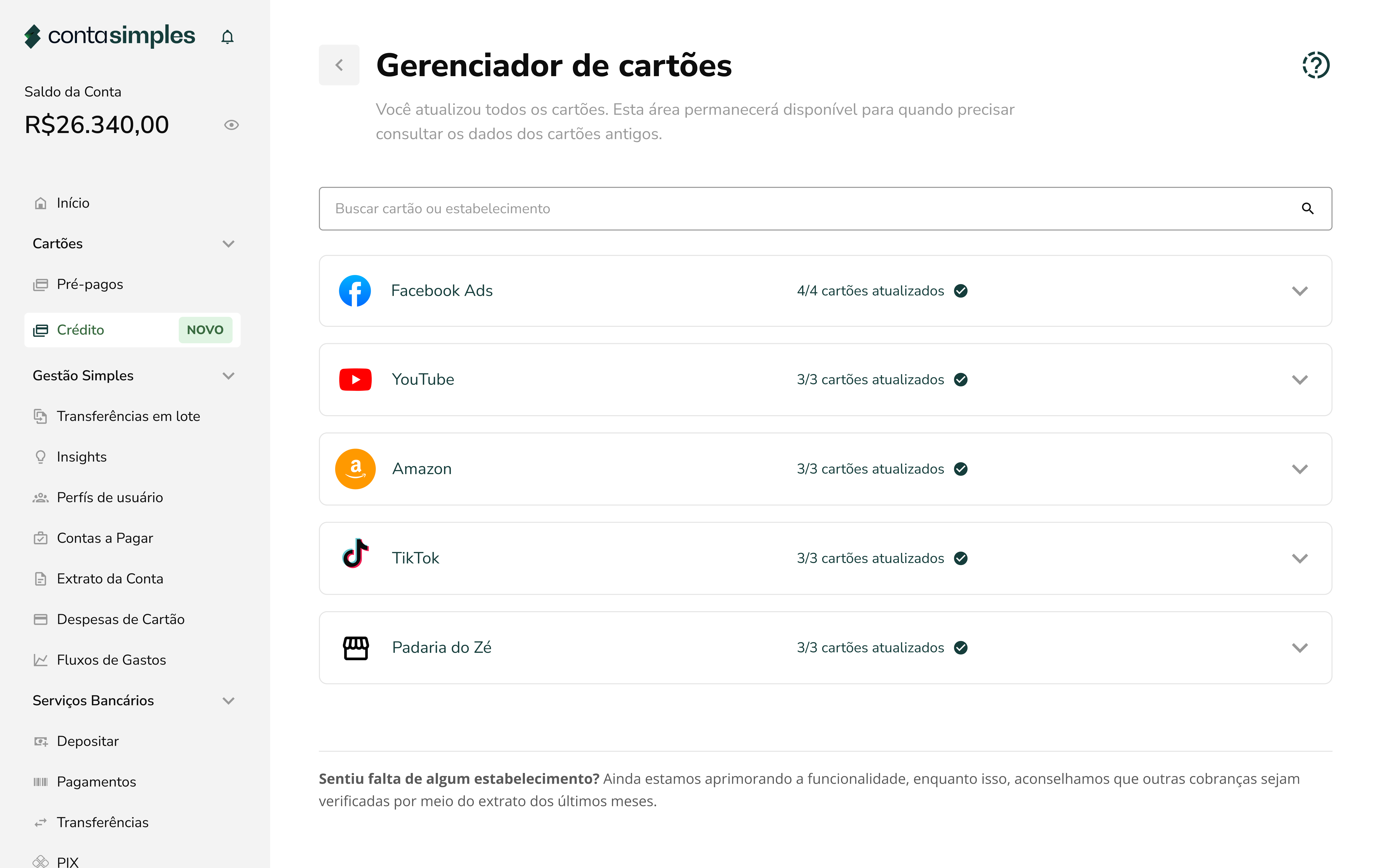 Gerenciador de cartões após a migração, com os cartões atualizados nos estabelecimentos